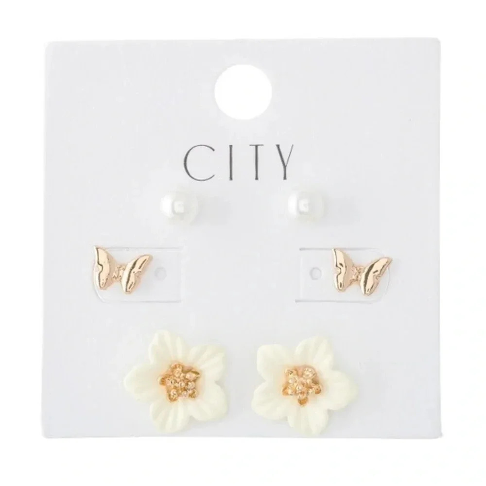 Nwt boutique Flower Coated Pearl Stud Earring Set cottage fairy